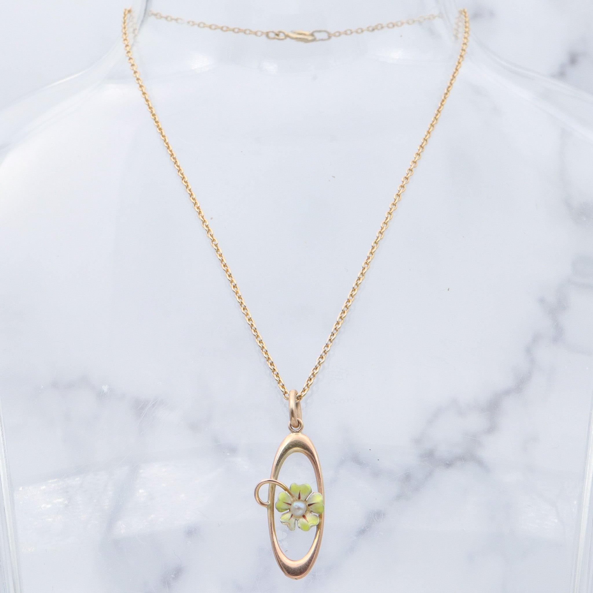 Antique Art Nouveau 10k gold enamel & pearl flower drop pendant